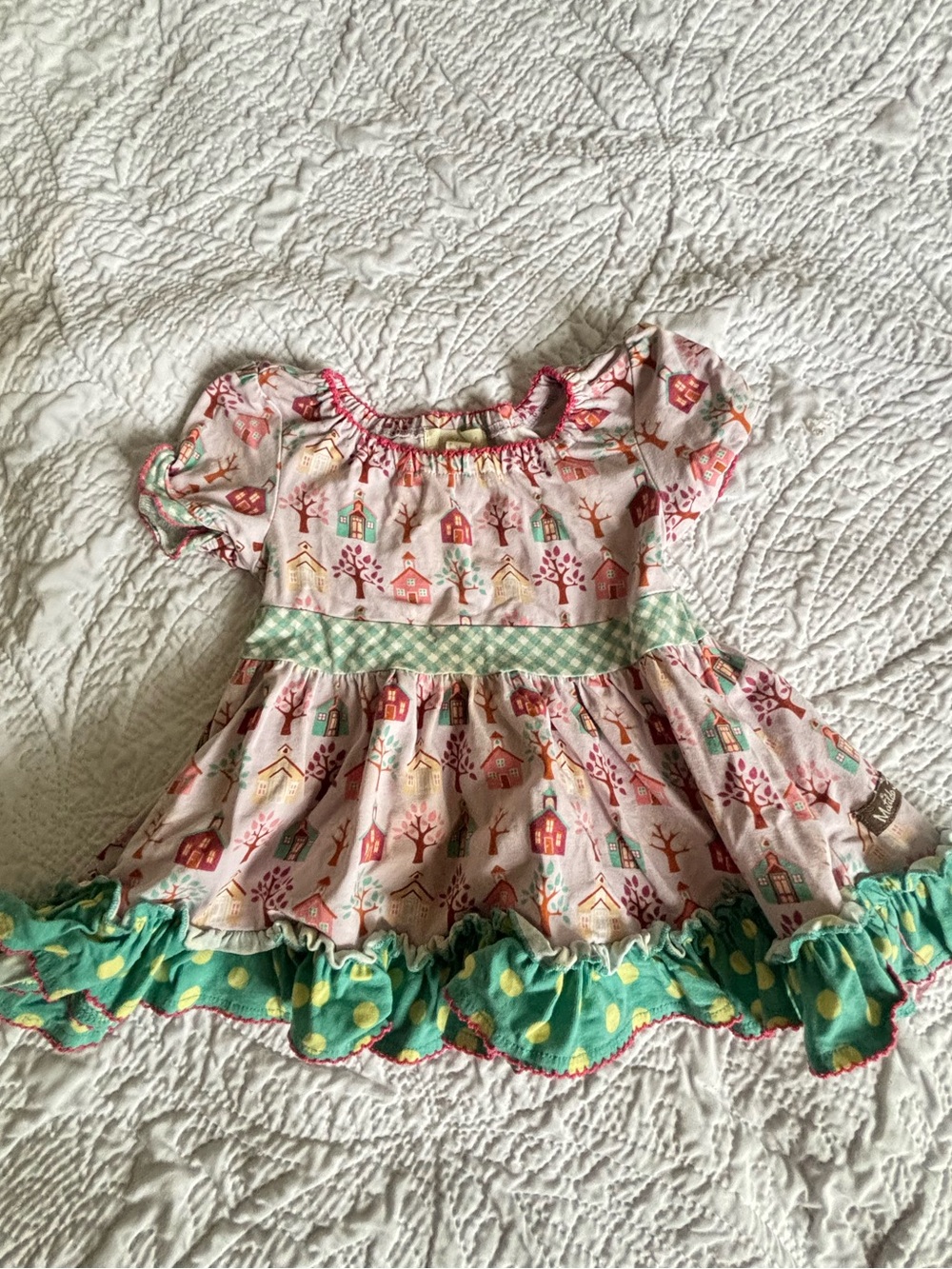 Matilda Jane Pink School/Village Print Dress with Teal and Yellow Accents